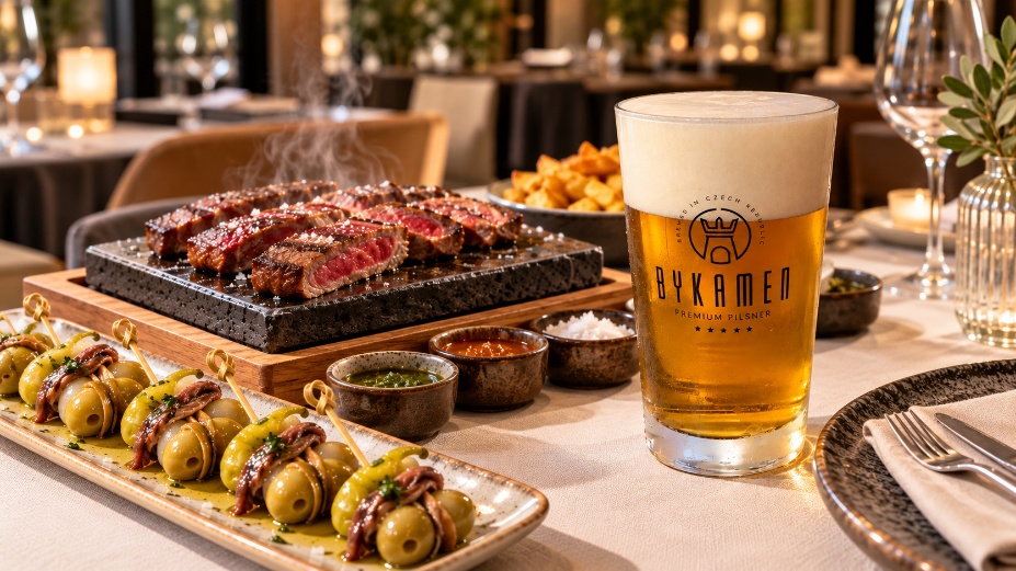 Vaso de BYKAMEN con gildas y carne a la piedra